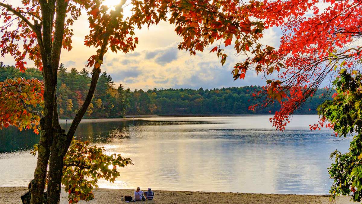 two people sitting in-front of the wide pond